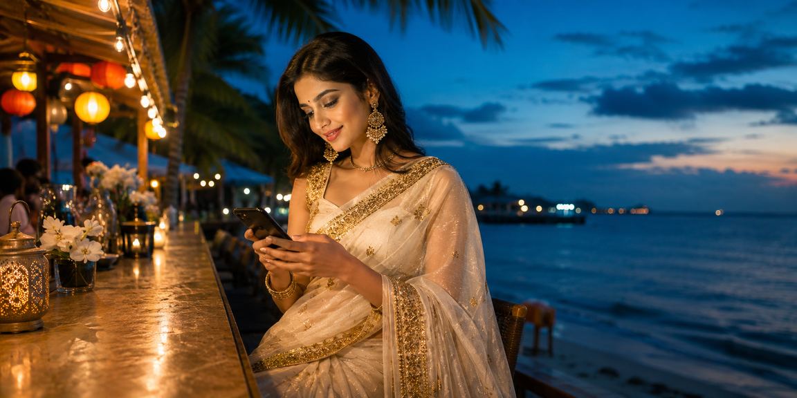 সেন্ট মার্টিনে শাড়ি পরা একজন নারী 870 প্ল্যাটফর্মে নিরাপদে মোবাইল ক্যাসিনো উপভোগ করছেন